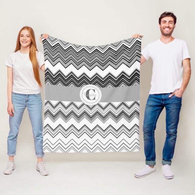 Black/White Monogrammed Chevron Fleece Blanket (In Situ)