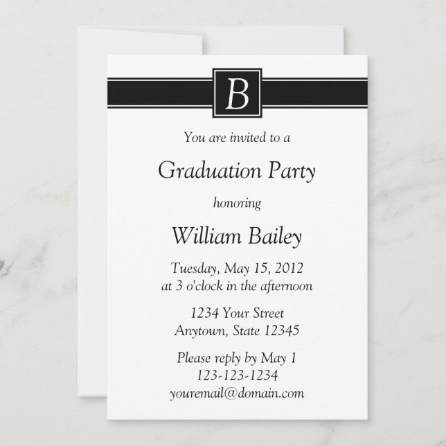 Black & White Monogrammed Graduation Invitations (Front)