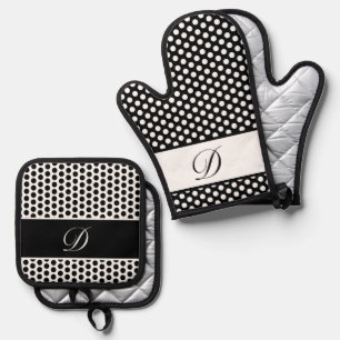 Black & White Monogrammed Polka-Dot  Oven Mitt & Pot Holder Set