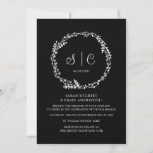 Black White Monograms Floral Botanicals Wreath