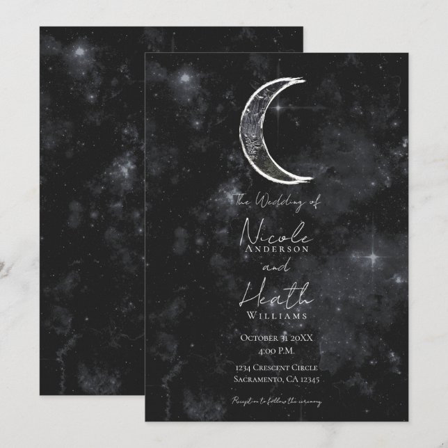 Black White Moon Celestial Night Starry Wedding   Invitation (Front/Back)