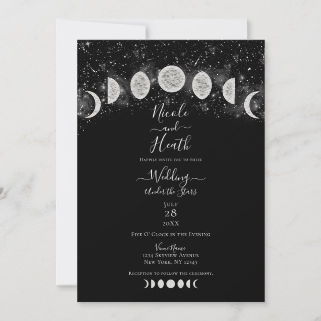 Black & White Moon Phases Under the Stars Wedding  Invitation (Front)