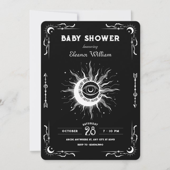 Black white moon sun tarot celestial baby shower invitation (Front)