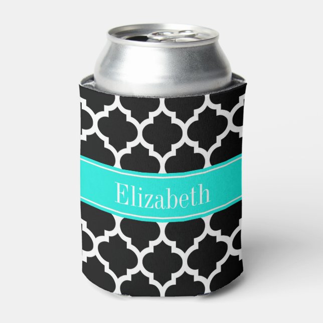 Black White Moroccan #5 Brt Aqua Name Monogram Can Cooler (Can Front)