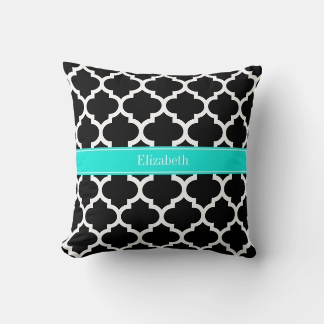Black White Moroccan #5 Brt Aqua Name Monogram Cushion (Front)
