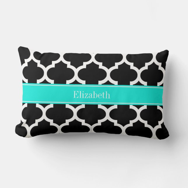 Black White Moroccan #5 Brt Aqua Name Monogram Lumbar Cushion (Front)
