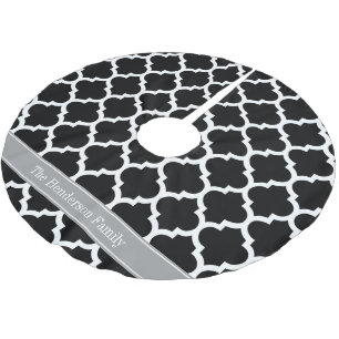 Black White Moroccan #5 Dark Grey Name Monogram Brushed Polyester Tree Skirt