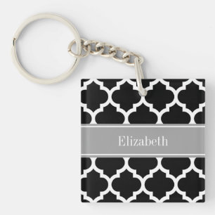 Black White Moroccan #5 Dark Grey Name Monogram Key Ring