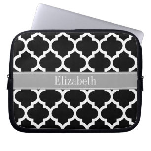 Black White Moroccan #5 Dark Grey Name Monogram Laptop Sleeve