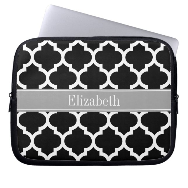 Black White Moroccan #5 Dark Grey Name Monogram Laptop Sleeve (Front)