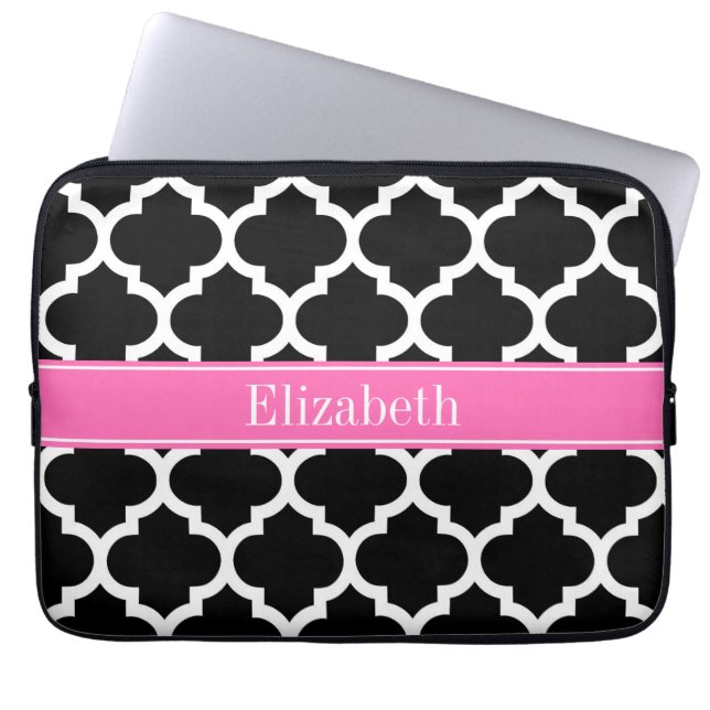 Black White Moroccan #5 Hot Pink #2 Name Monogram Laptop Sleeve (Front)