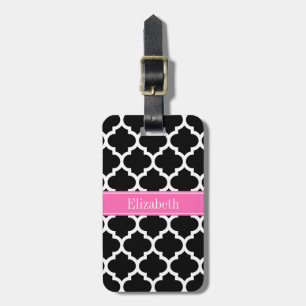 Black White Moroccan #5 Hot Pink #2 Name Monogram Luggage Tag