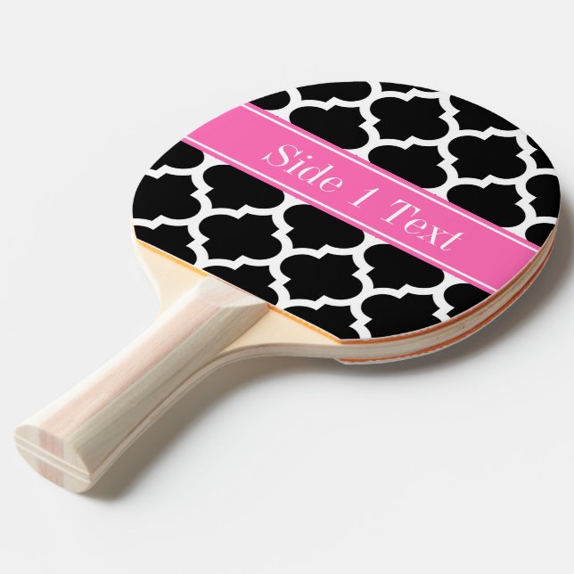 Black White Moroccan #5 Hot Pink #2 Name Monogram Ping Pong Paddle (Front Angle)