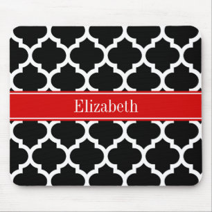 Black White Moroccan #5 Red Name Monogram Mouse Mat