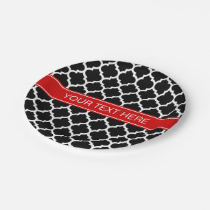 Black White Moroccan #5 Red Name Monogram Paper Plate