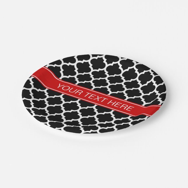 Black White Moroccan #5 Red Name Monogram Paper Plate (Angled)