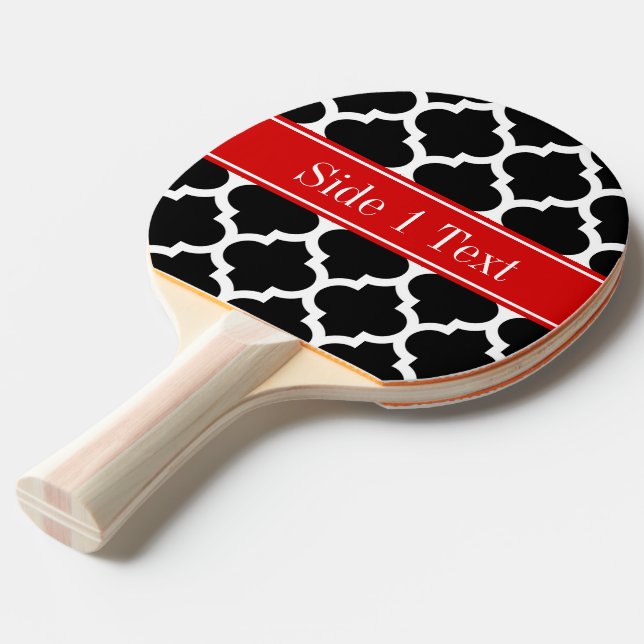Black White Moroccan #5 Red Name Monogram Ping Pong Paddle (Front Angle)
