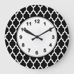 Black White Moroccan Quatrefoil Pattern #4 Large Clock