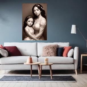 Black White Mother and daughter portrait AI Art Poster
