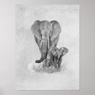 Black & White Mother & Baby Elephant   Poster