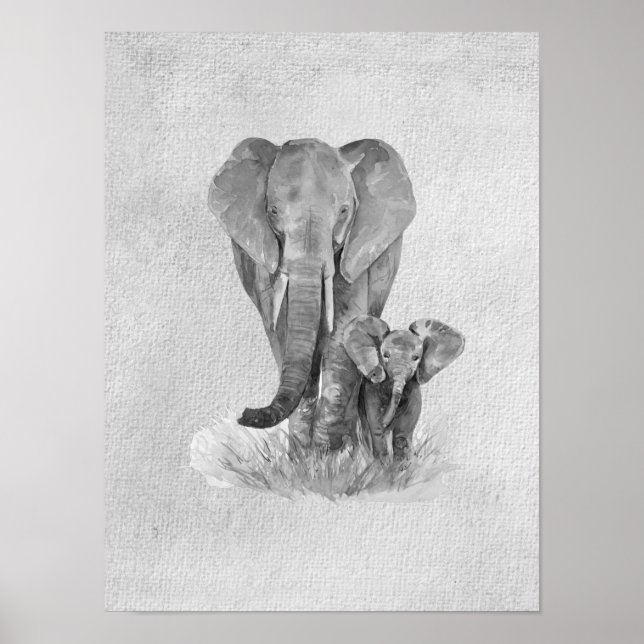 Black & White Mother & Baby Elephant   Poster (Front)
