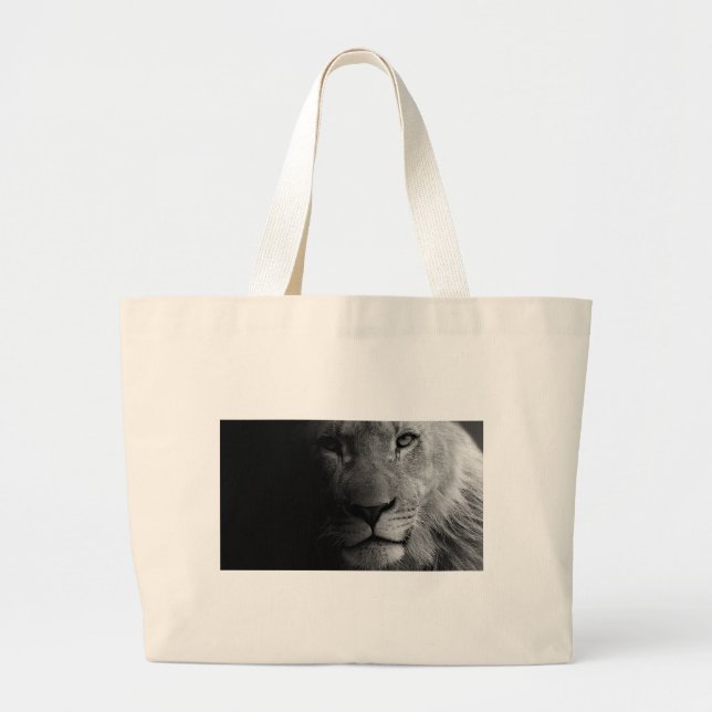 Black White Motivational Leadership Lion Portrait Large Tote Bag (Front)