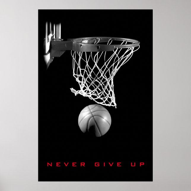 Black White Motivational Never Give Up Basketball Poster (Front)