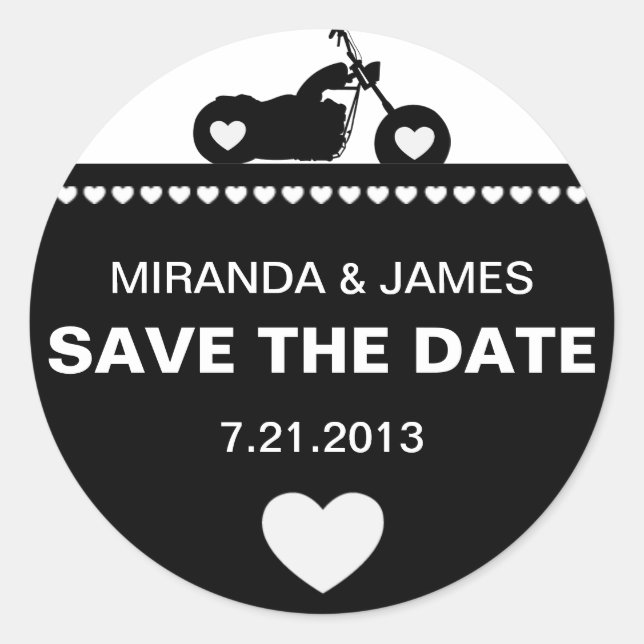 Black & White Motorcycle Biker Save the Date Stick Classic Round Sticker (Front)