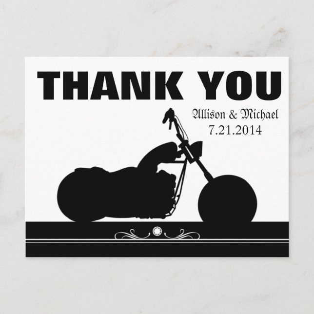 Black White Motorcycle Biker Silhouette Thank You Postcard (Front)