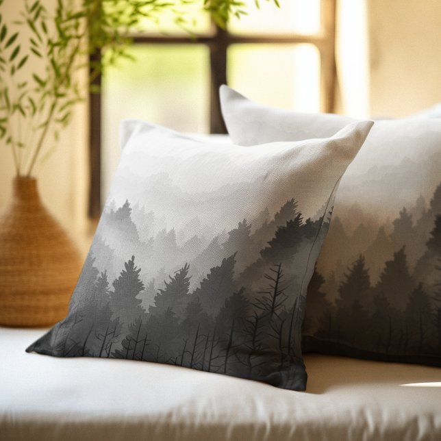 Black & White Mountain Forest Landscape Minimalist Cushion (Creator Uploaded)