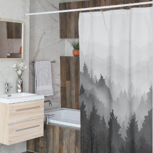 Black & White Mountain Forest Landscape Minimalist Shower Curtain