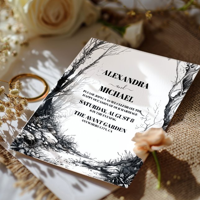 Black White Mountain Forest Wedding Invitation (Creator Uploaded)