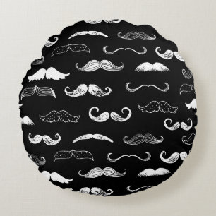 Black & White Moustache Seamless Repeat Background Round Cushion