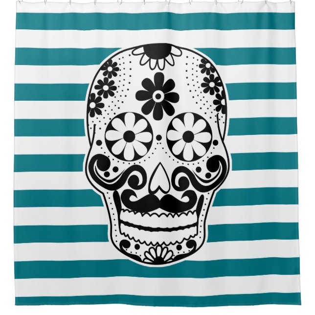 Black & White Moustached Sugar Skull White Stripes Shower Curtain (Front)