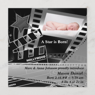 Black White Movie Star is Born Birth Announcement