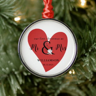 Black & white Mr & Mrs 1st Christmas Red Heart Metal Tree Decoration