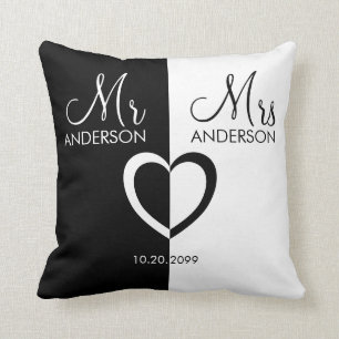 Black white Mr Mrs name heart wedding Cushion