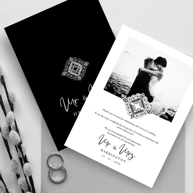Black & White Mr & Mrs Ornamental Flourish Photo Thank You Card (Black & White Mr & Mrs Ornamental Flourish Photo Wedding Thank You Card with Envelope.)