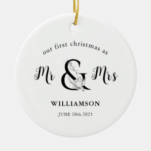 Black & white Mr & Mrs PHOTO 1st Christmas Ceramic Tree Decoration