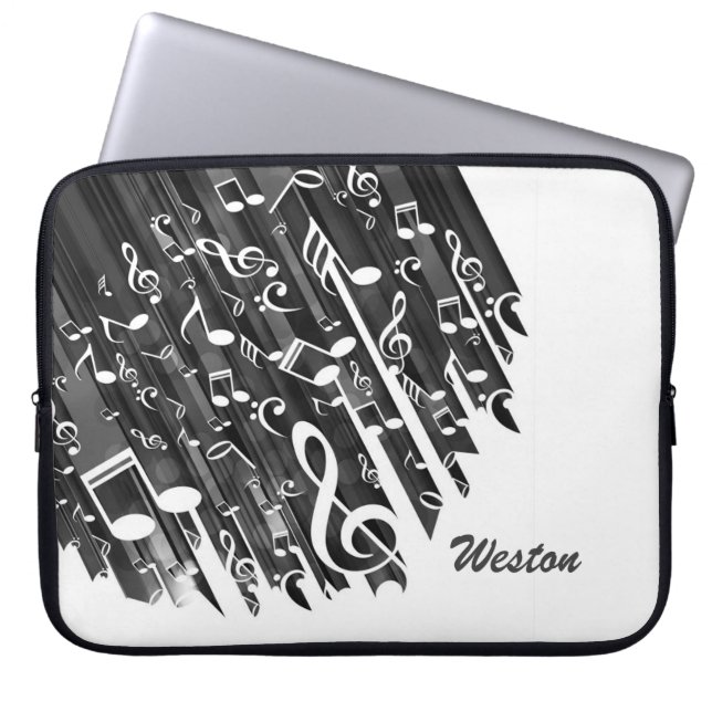Black-White Music Notes and Custom Monogram Laptop Sleeve (Front)