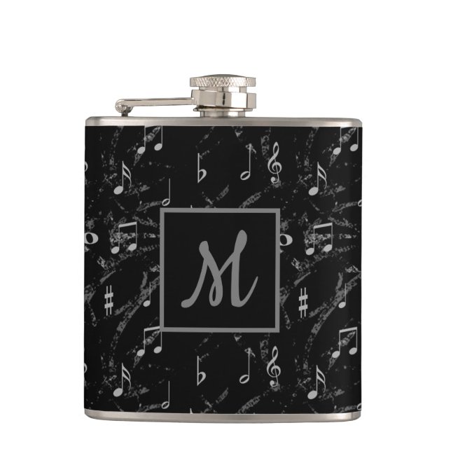 Black & White Music Notes Monogrammed Hip Flask (Front)