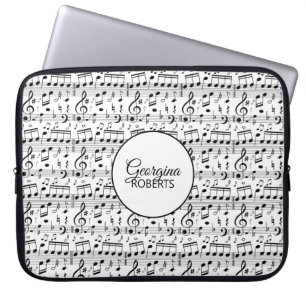 Black-White Music Notes Pattern and Customisation Laptop Sleeve