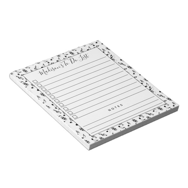 Black White Music Notes Personalised To Do List (Angled)