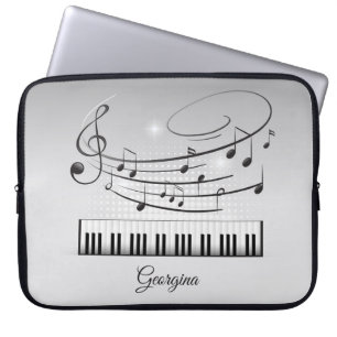 Black-White Music Notes with Custom Name Laptop Sleeve
