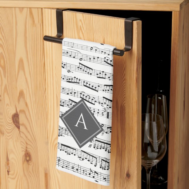 Black & white Musical Notes Custom Monogram Music  Tea Towel (Thirds Fold)