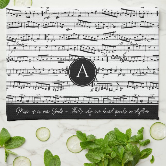 Black & white Musical Notes Custom Monogram Music  Tea Towel (Folded)