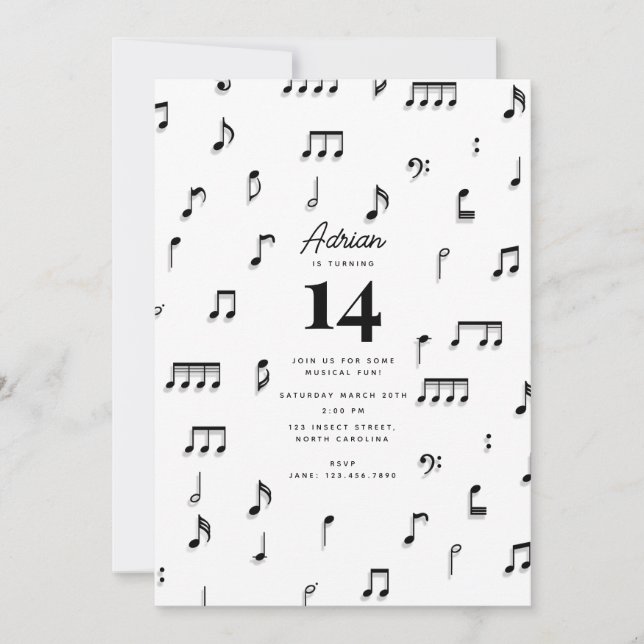Black & White Musical Notes Symbol Birthday Party Invitation (Front)