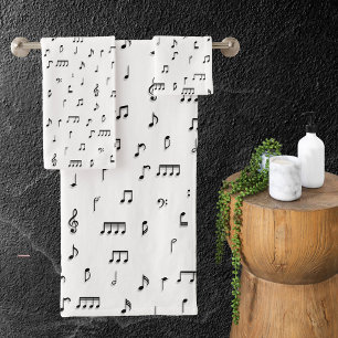 Black & White Musical Notes Symbol Pattern Bath Towel Set