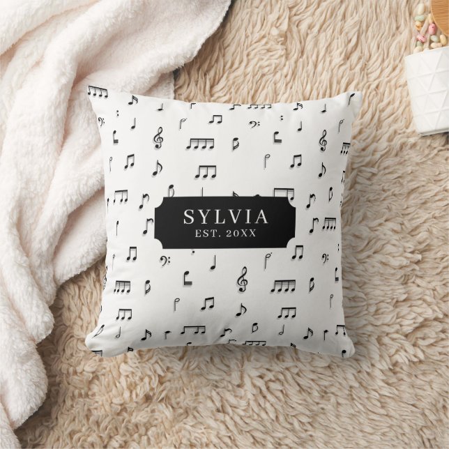 Black & White Musical Notes Symbol Pattern Name Cushion (Blanket)