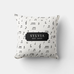 Black & White Musical Notes Symbol Pattern Name Cushion